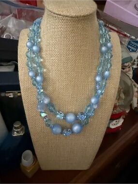 Vintage Blue Moon Glow Light Blue Beaded Double-Strand Necklace